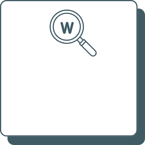 Magnifying glass over a W symbol representing targeted keyword research and SEO discovery