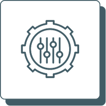 A gear icon displayed within a square button, symbolizing settings or configuration options.