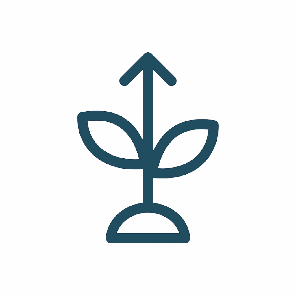 A green plant growing upward, with a directional arrow indicating its growth direction.